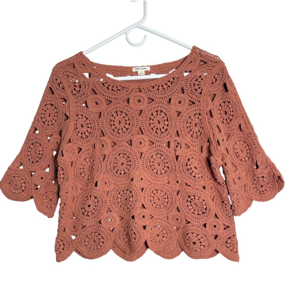 Ultra Pink Crochet Top Womens Size M Rust Orange Medallion Knit Bell Sleeve Boho